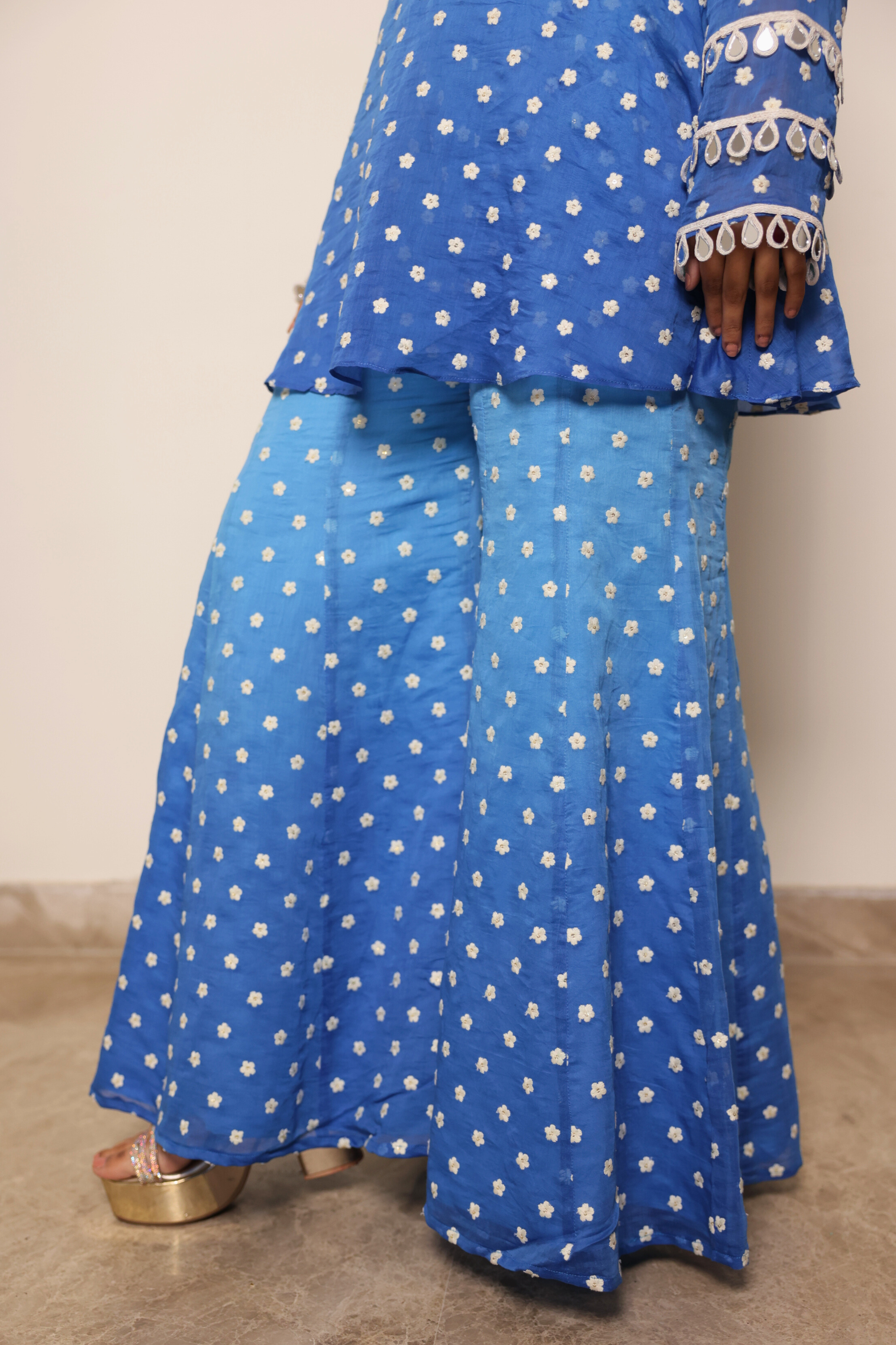 Blue Chanderi Top with Boot Cut Pants
